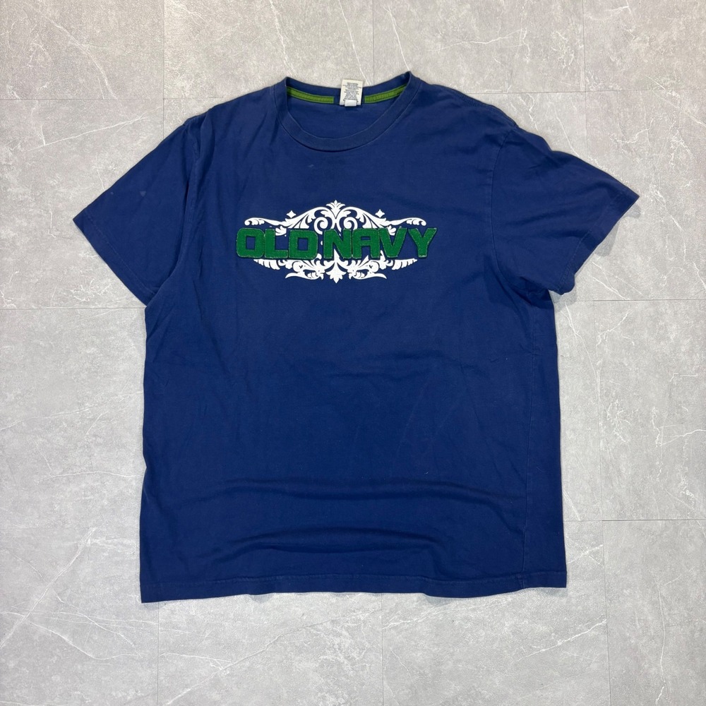Old Navy Mens XL Regular Fit Graphic T-Shirt Navy Blue Green Felt Logo Cotton